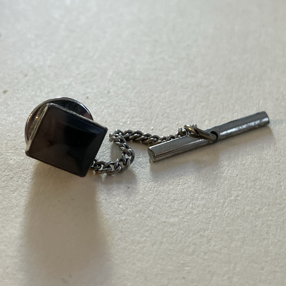 Vintage Tie Tack Pin Chain Gold Tone Textured Tiger Eye Brown Stone